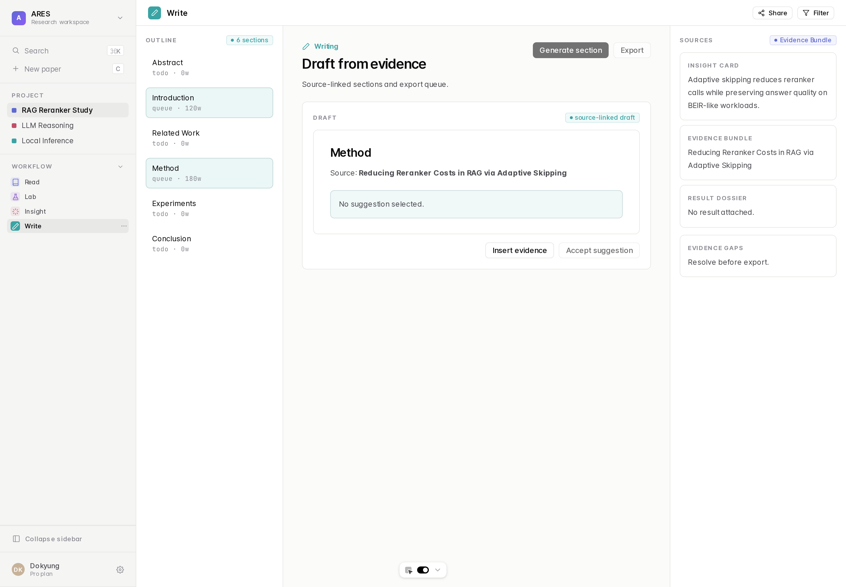 ARES Writing workspace
