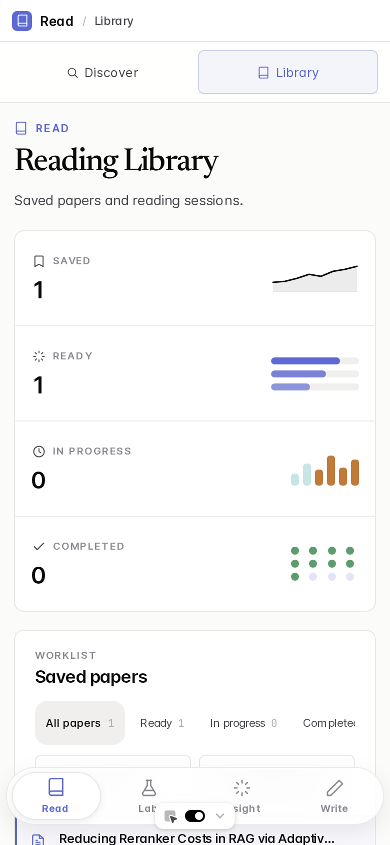 ARES mobile reading library with bottom navigation