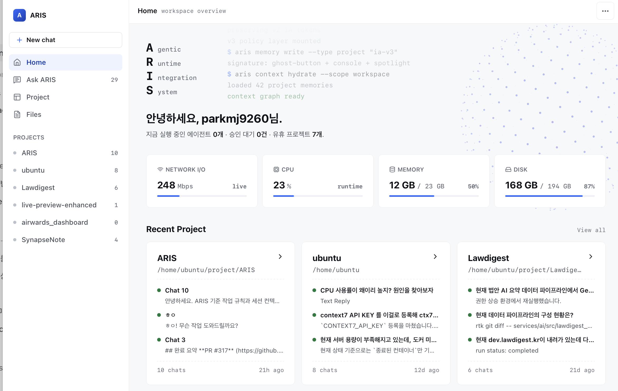 ARIS desktop dashboard with session list